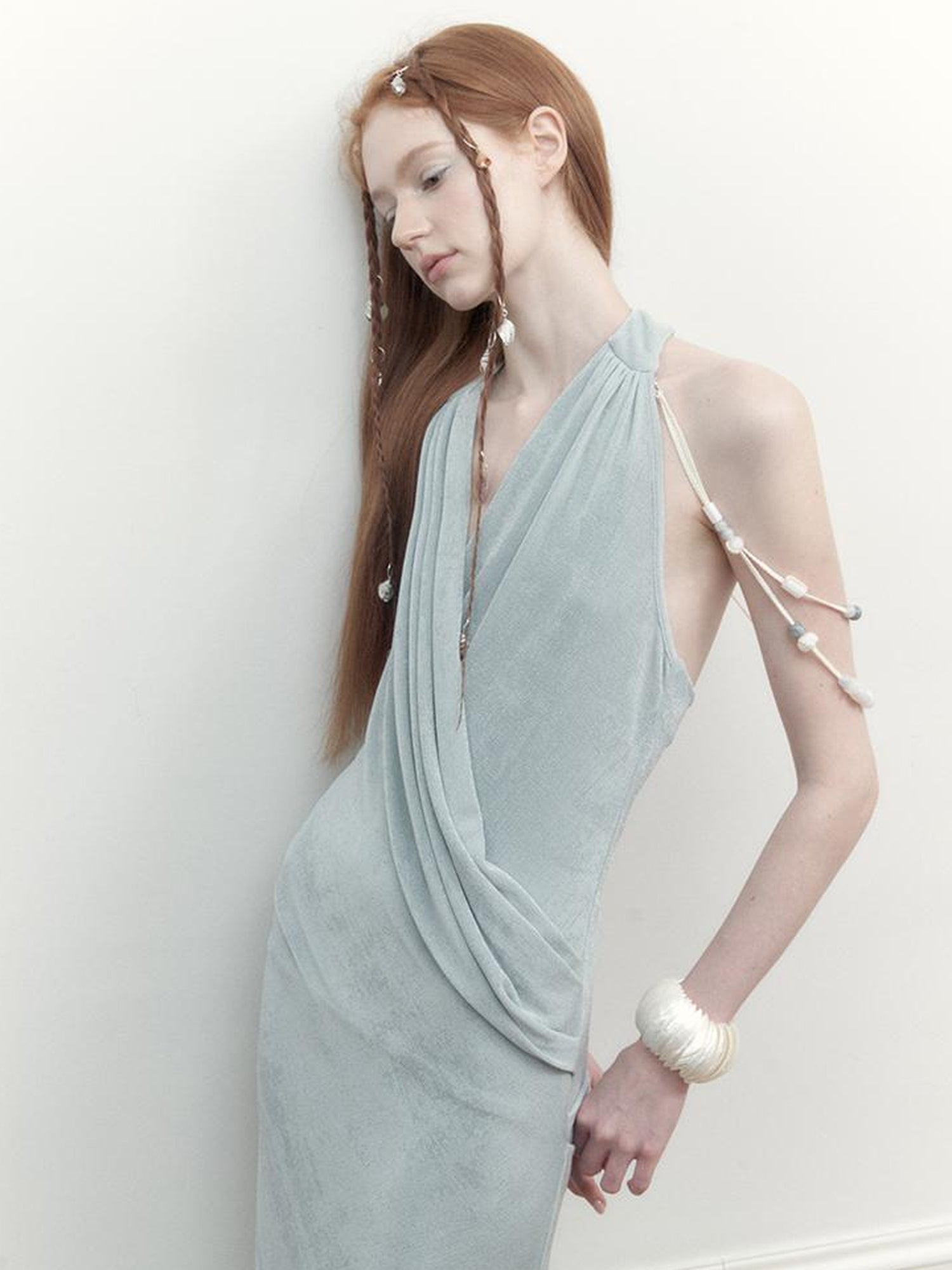 AnnoMundi Pleated Beaded Halter Maxi Dress