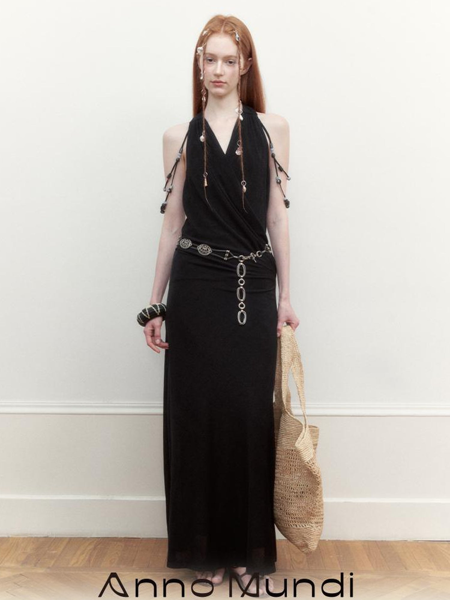 AnnoMundi Pleated Beaded Halter Maxi Dress