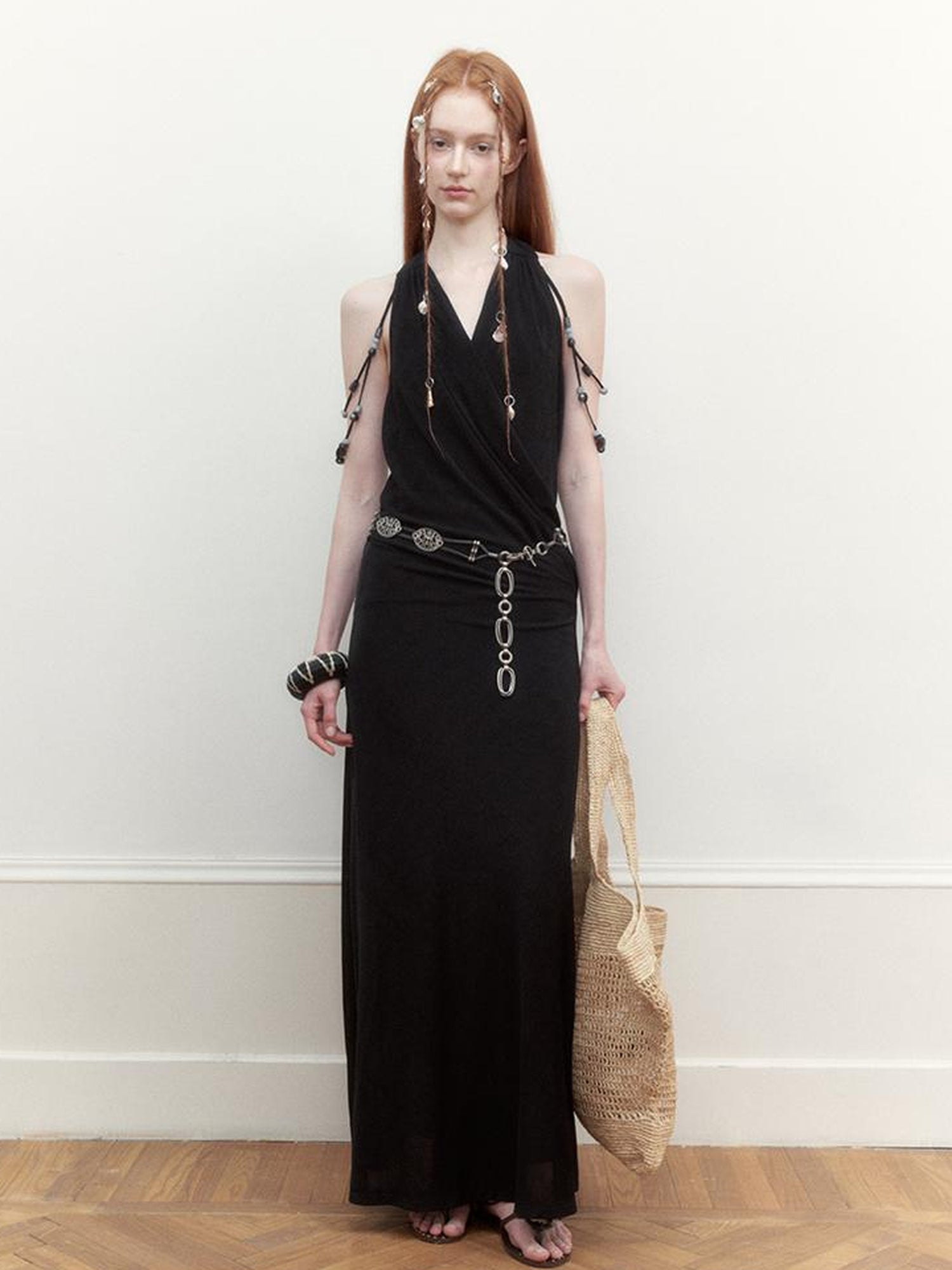 AnnoMundi Pleated Beaded Halter Maxi Dress