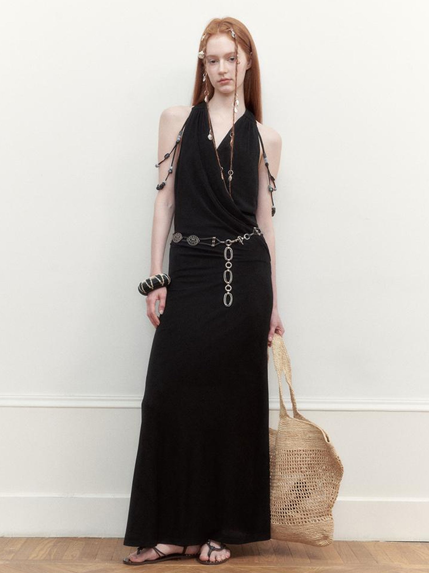 AnnoMundi Pleated Beaded Halter Maxi Dress