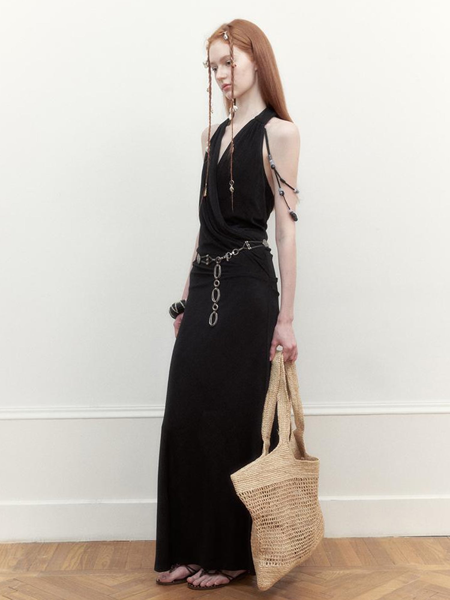 AnnoMundi Pleated Beaded Halter Maxi Dress