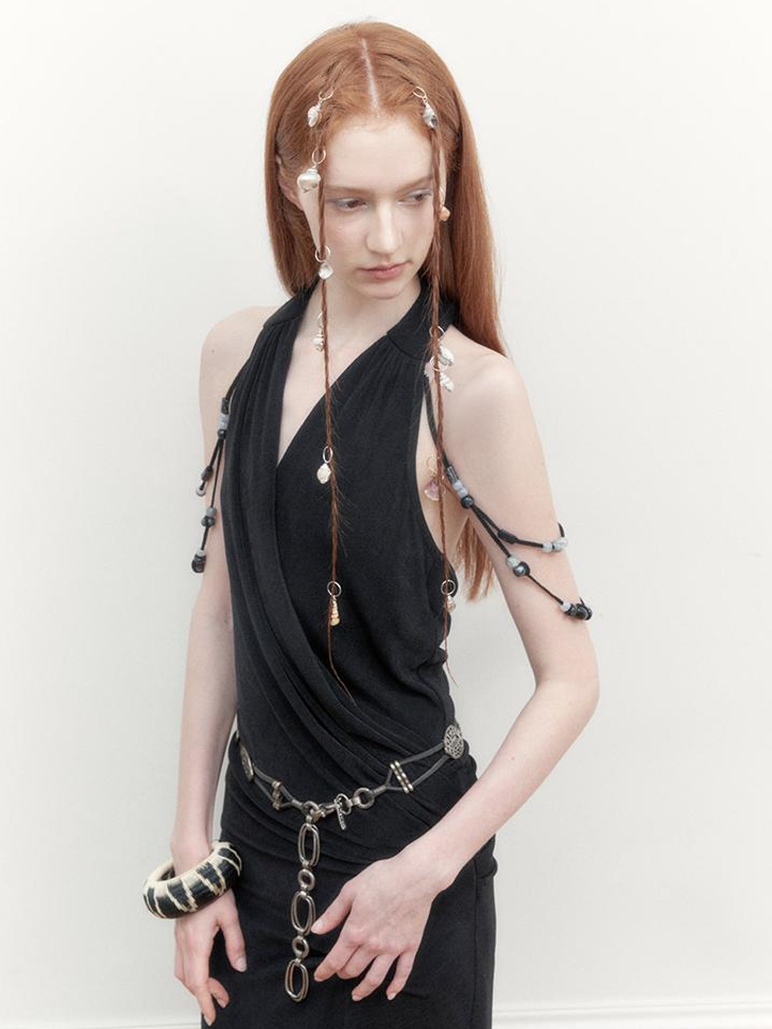 AnnoMundi Pleated Beaded Halter Maxi Dress