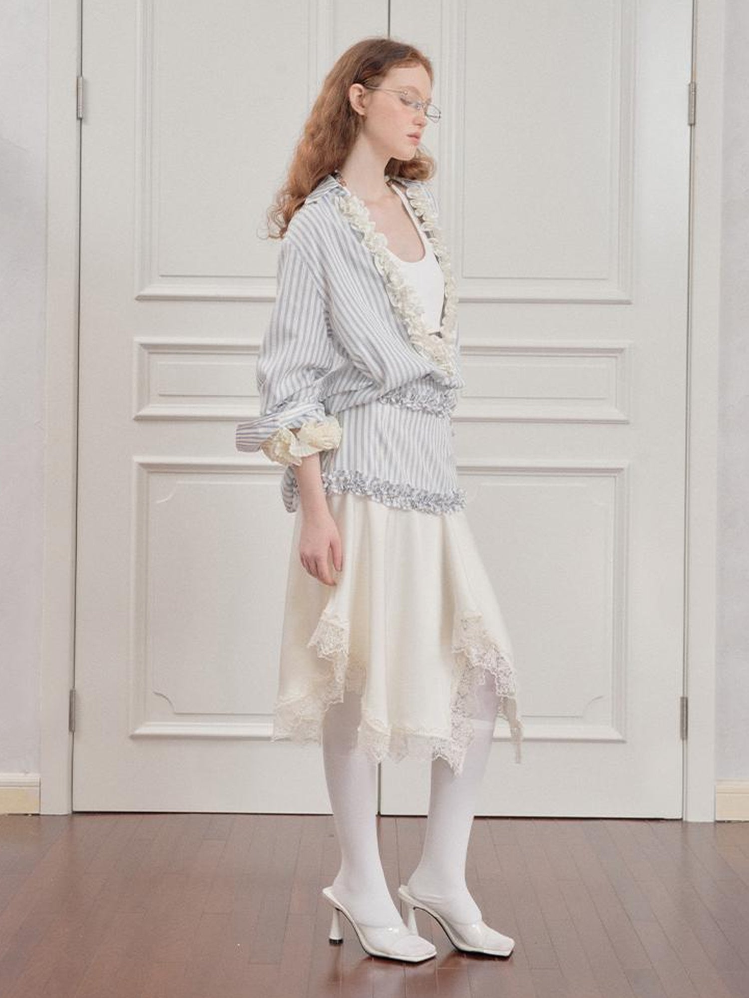 AnnoMundi Pleated Light V Neck Striped Blouse