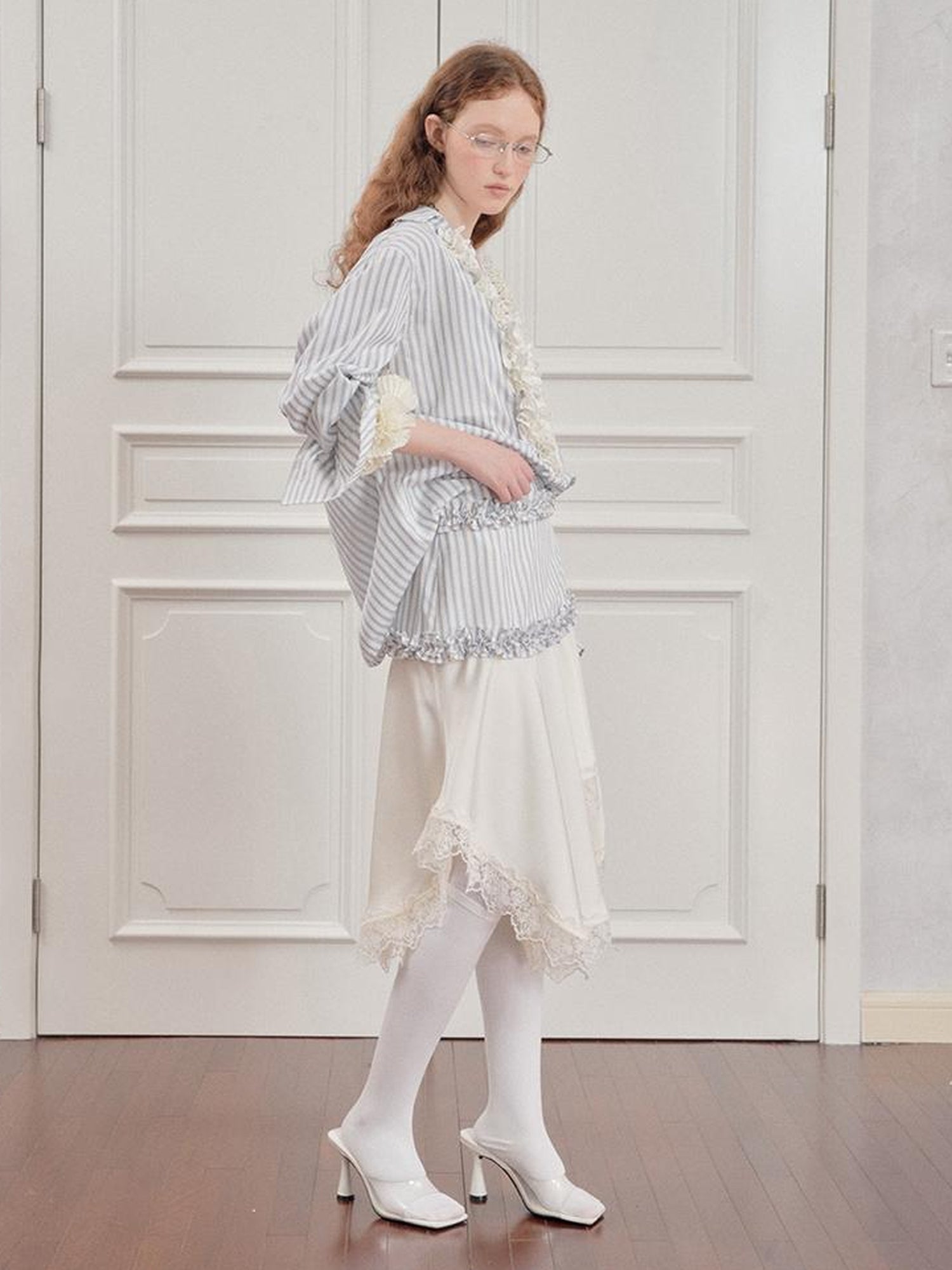 AnnoMundi Pleated Light V Neck Striped Blouse