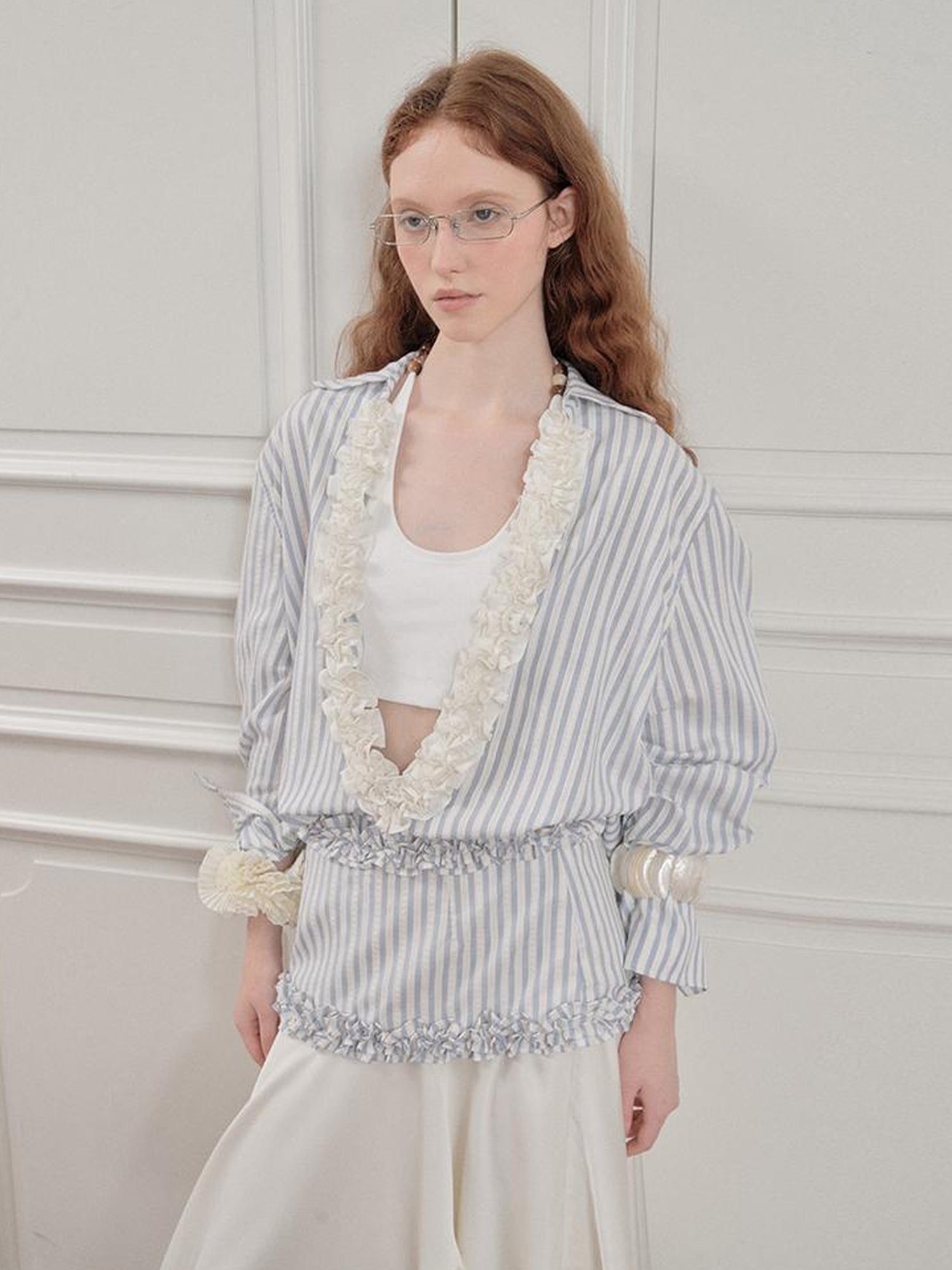 AnnoMundi Pleated Light V Neck Striped Blouse