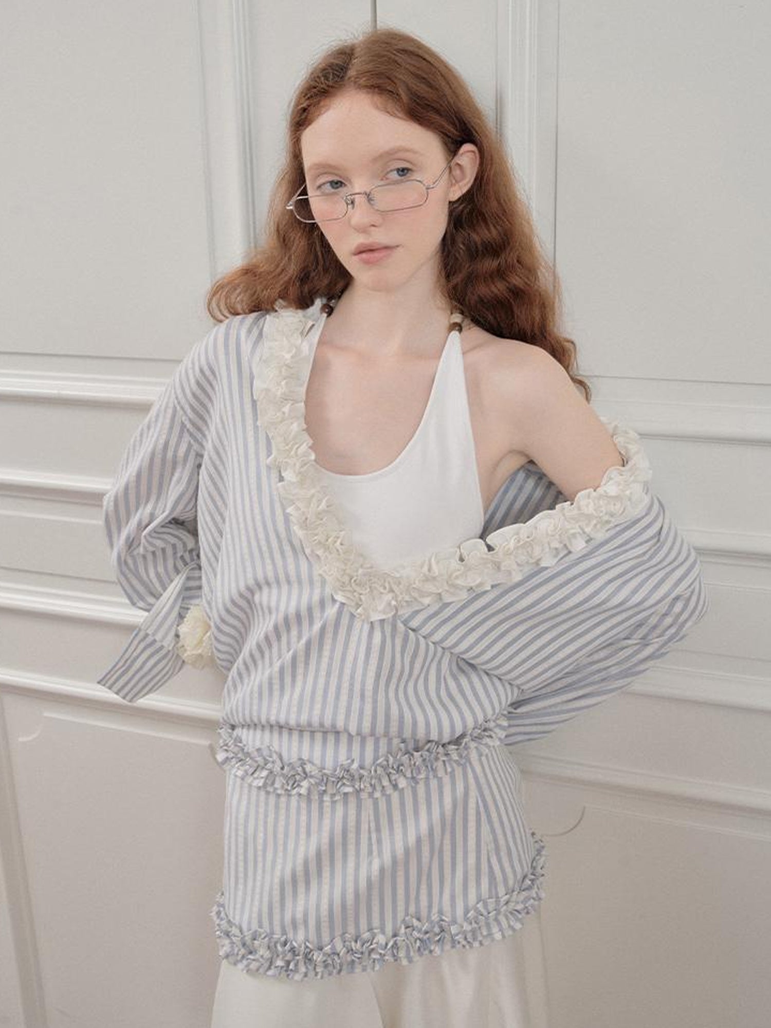 AnnoMundi Pleated Light V Neck Striped Blouse