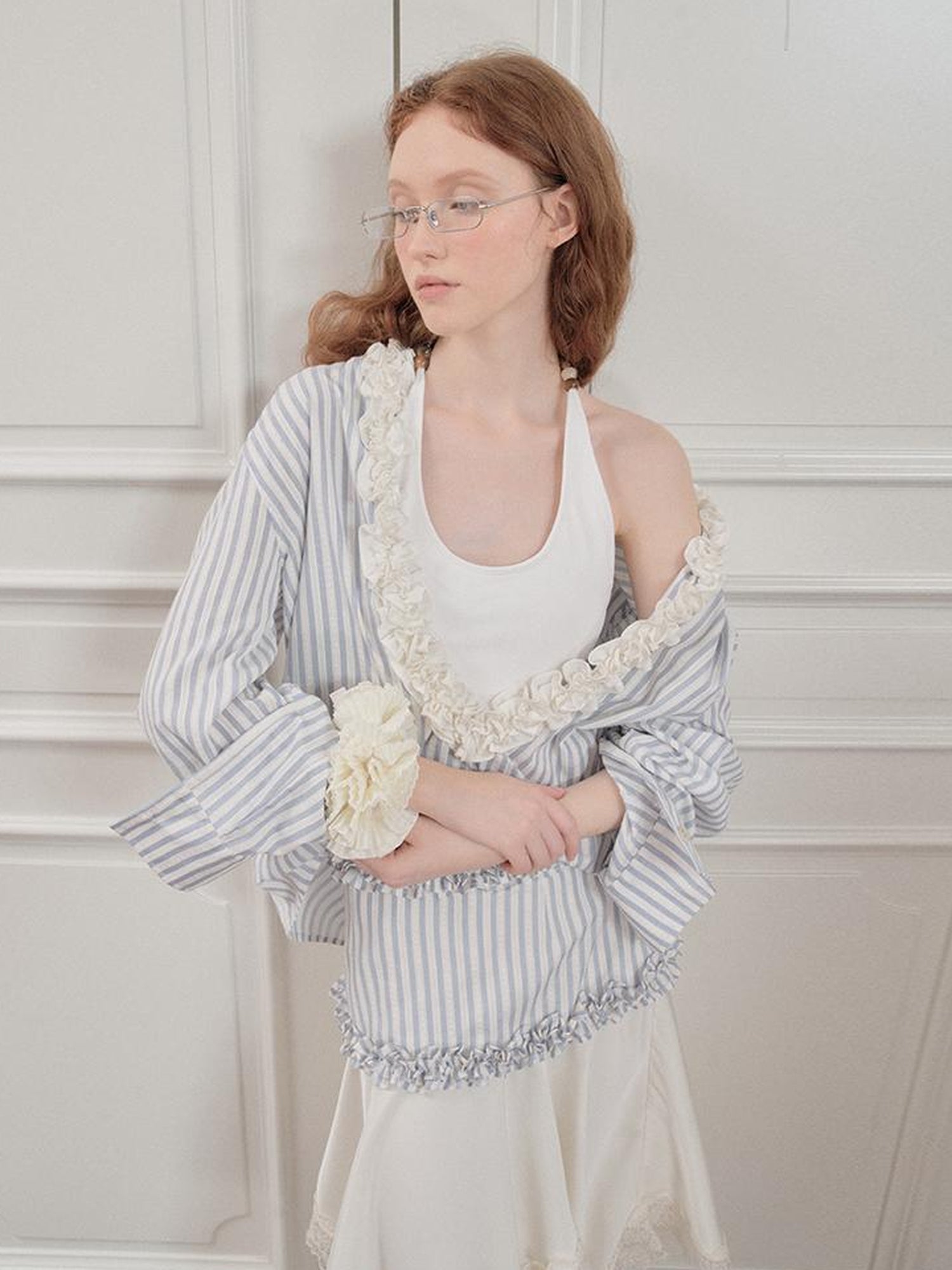 AnnoMundi Pleated Light V Neck Striped Blouse