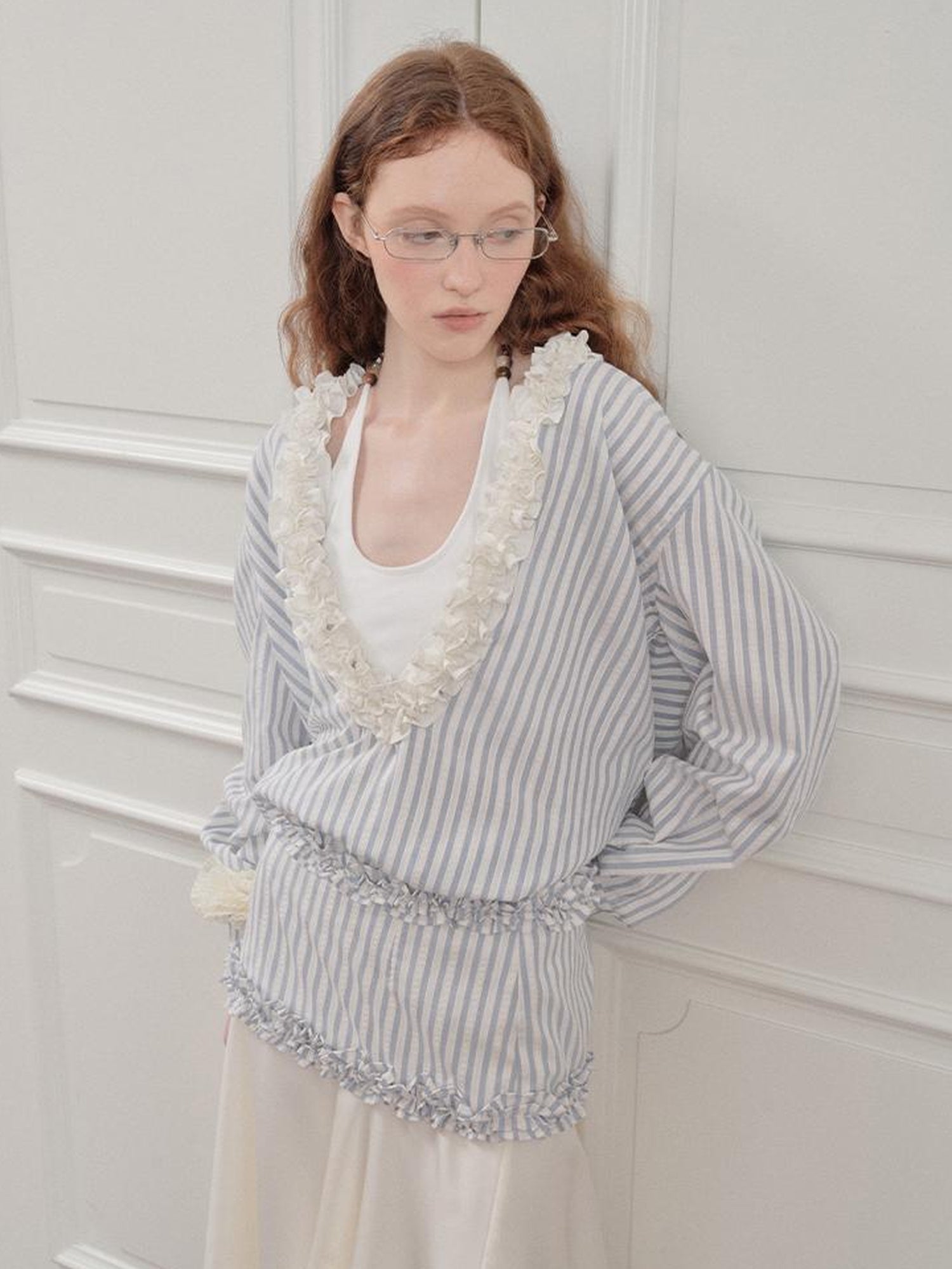 AnnoMundi Pleated Light V Neck Striped Blouse