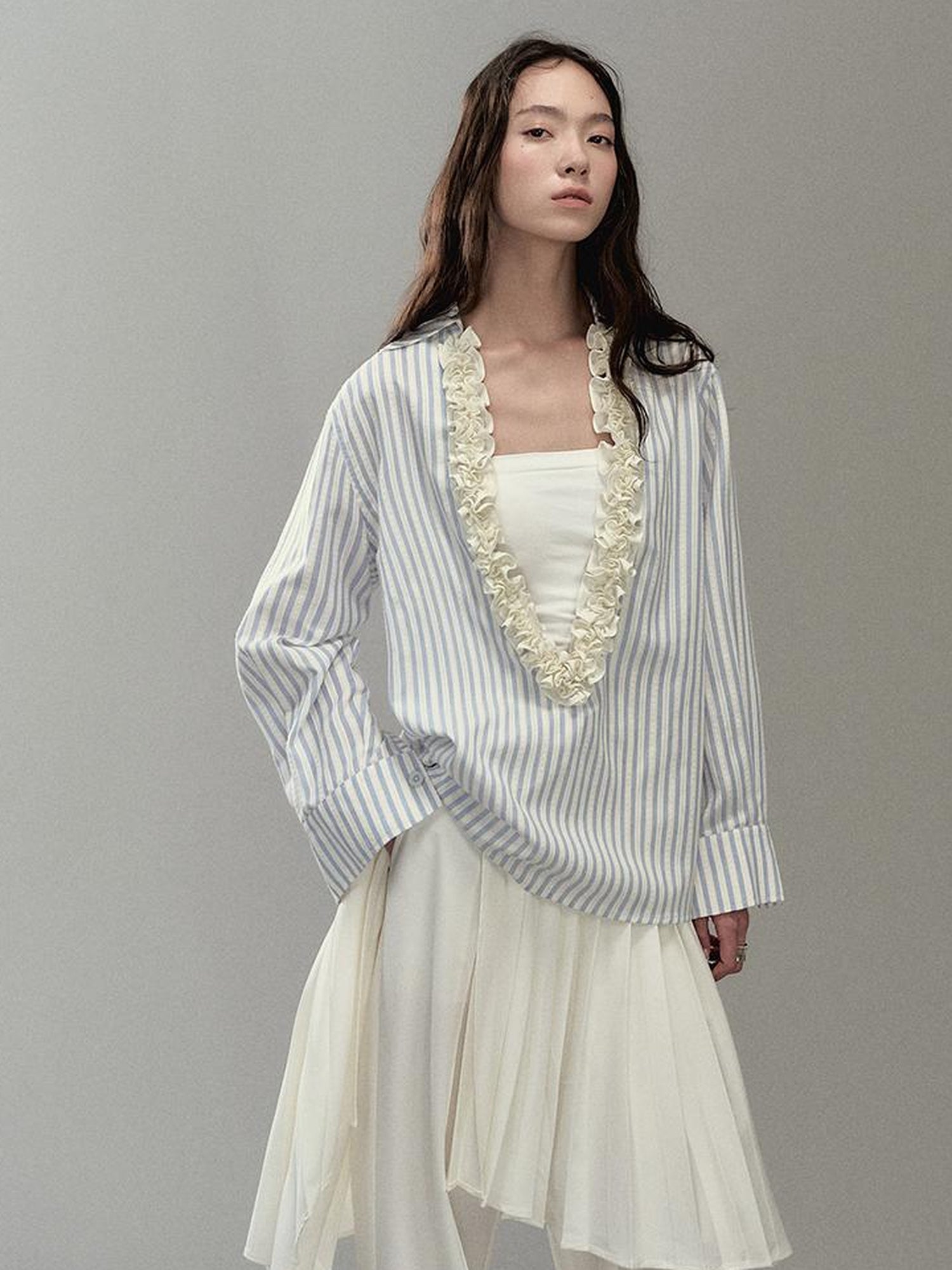AnnoMundi Pleated Light V Neck Striped Blouse