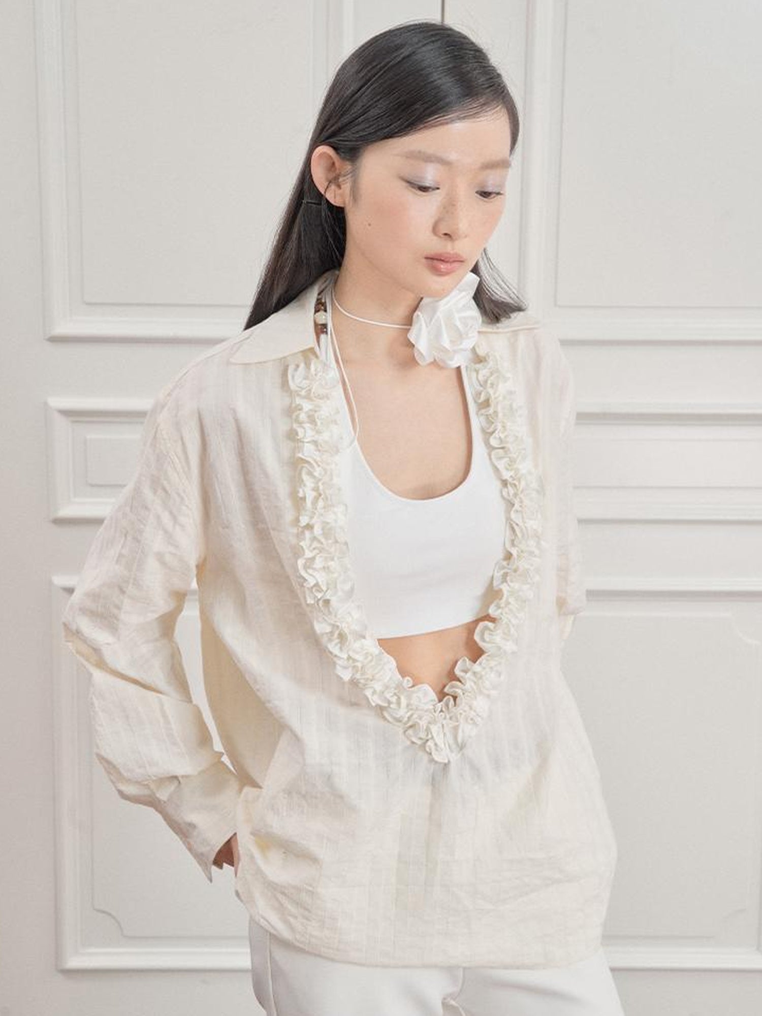 AnnoMundi Pleated Light V-Neck Striped Blouse