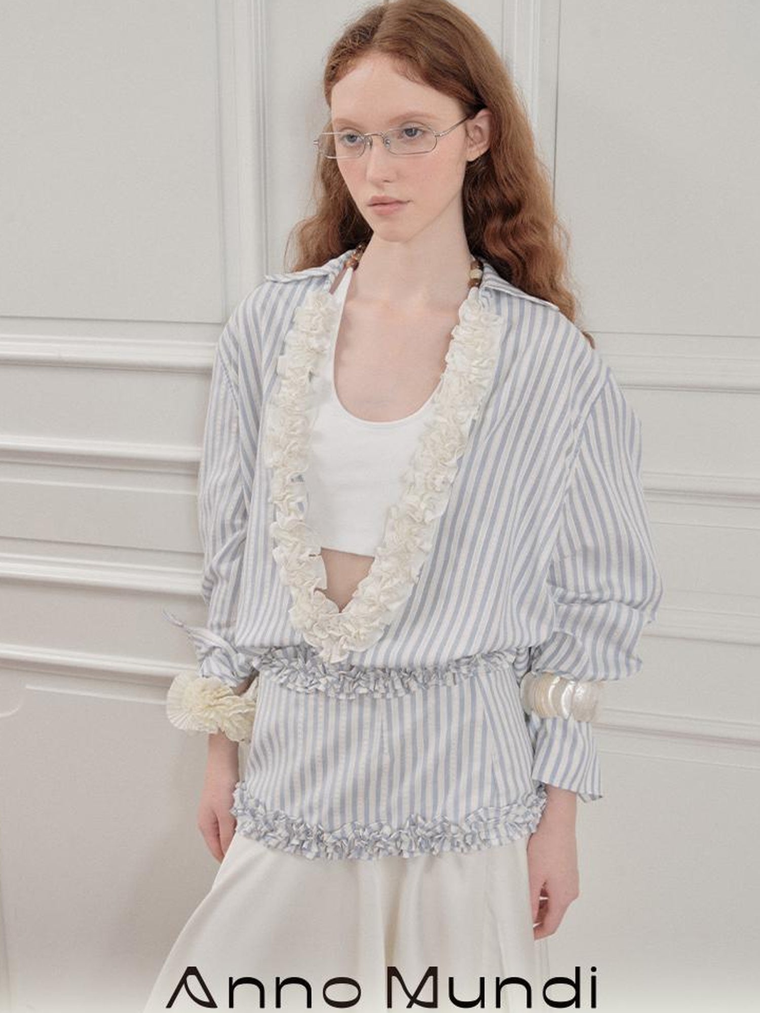 AnnoMundi Pleated Light V Neck Striped Blouse