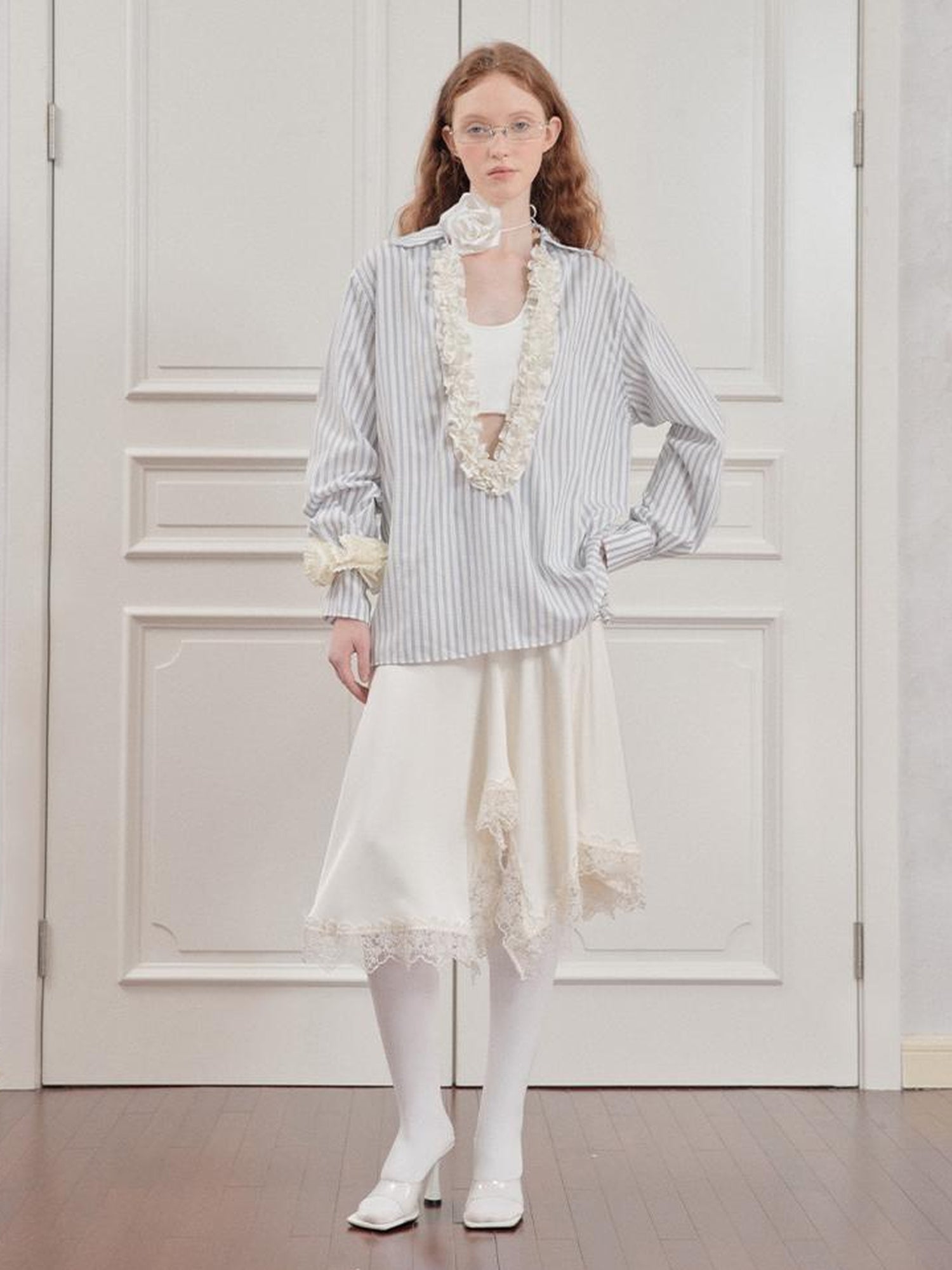 AnnoMundi Pleated Light V Neck Striped Blouse
