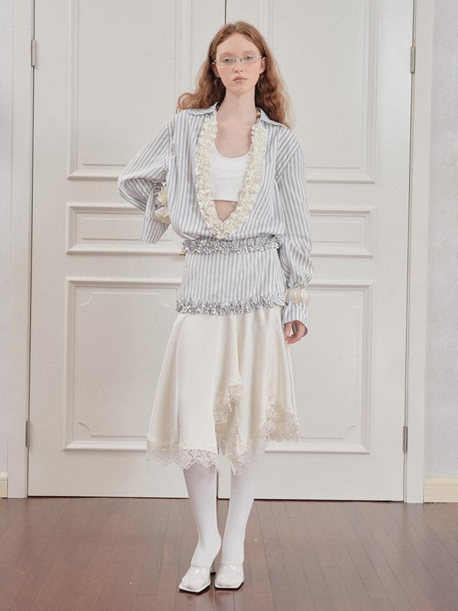 AnnoMundi Pleated Light V Neck Striped Blouse