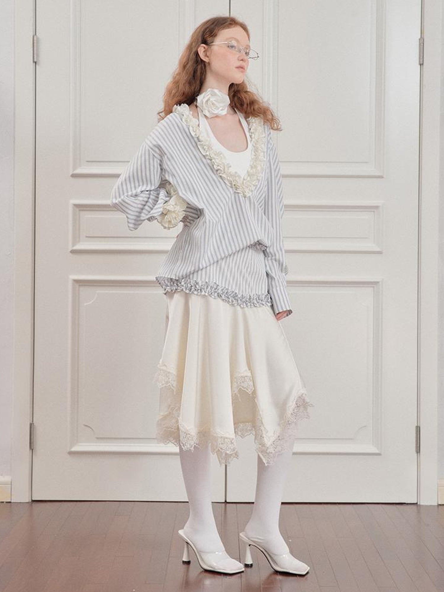 AnnoMundi Pleated Light V Neck Striped Blouse