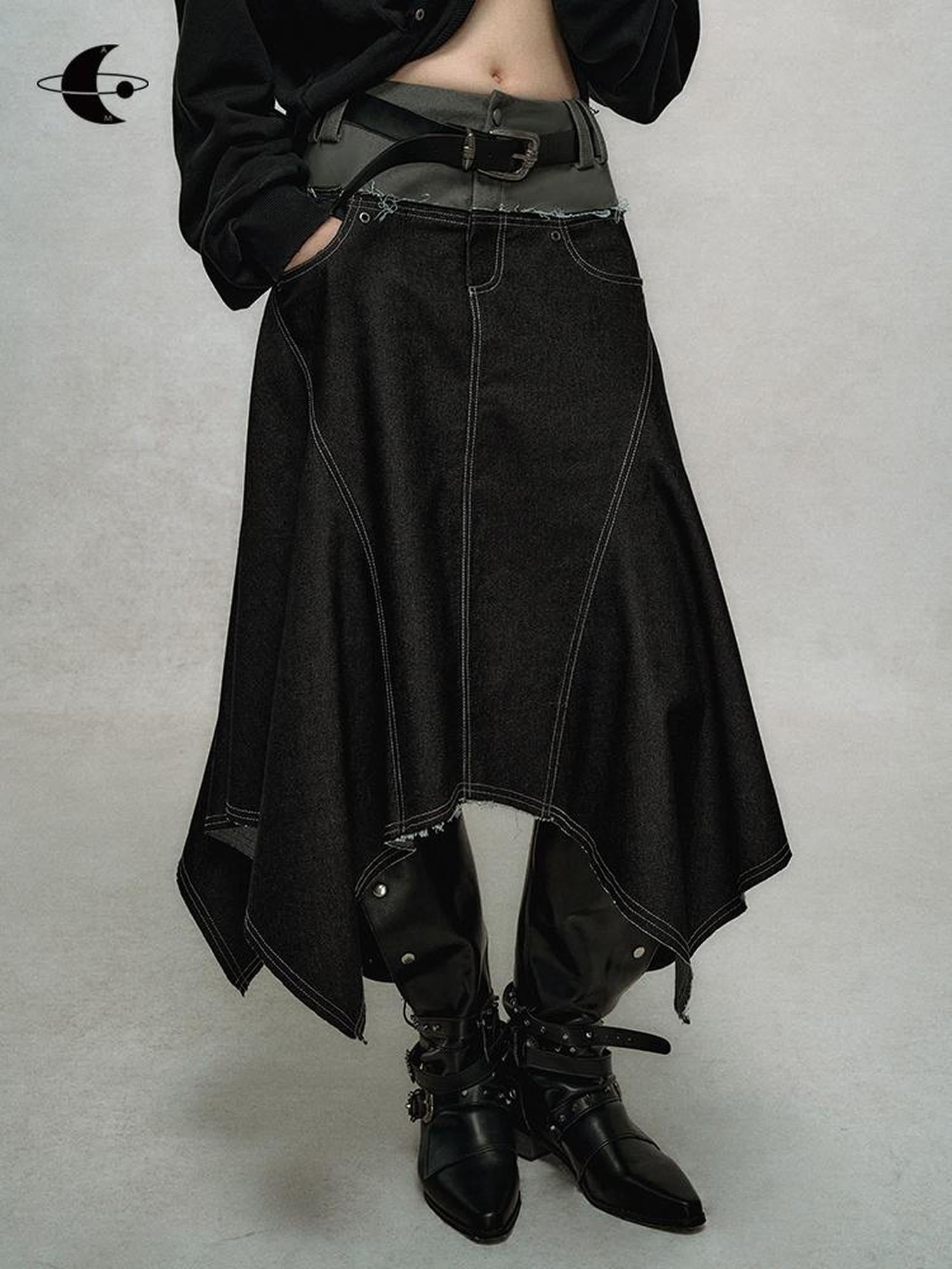 AnnoMundi Relaxed Colorblock Frayed Hem Asymmetrical Skirt