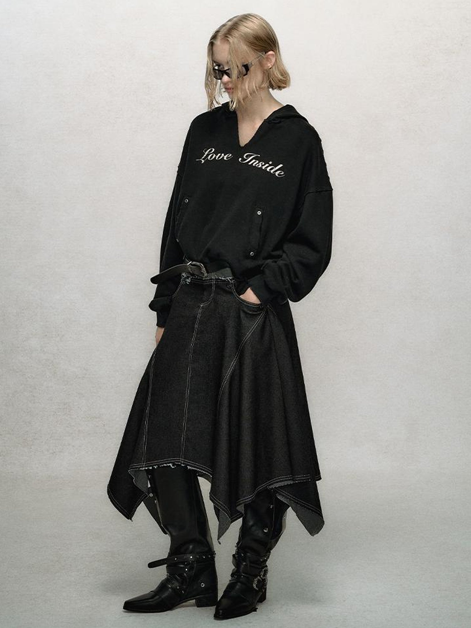 AnnoMundi Relaxed Colorblock Frayed Hem Asymmetrical Skirt