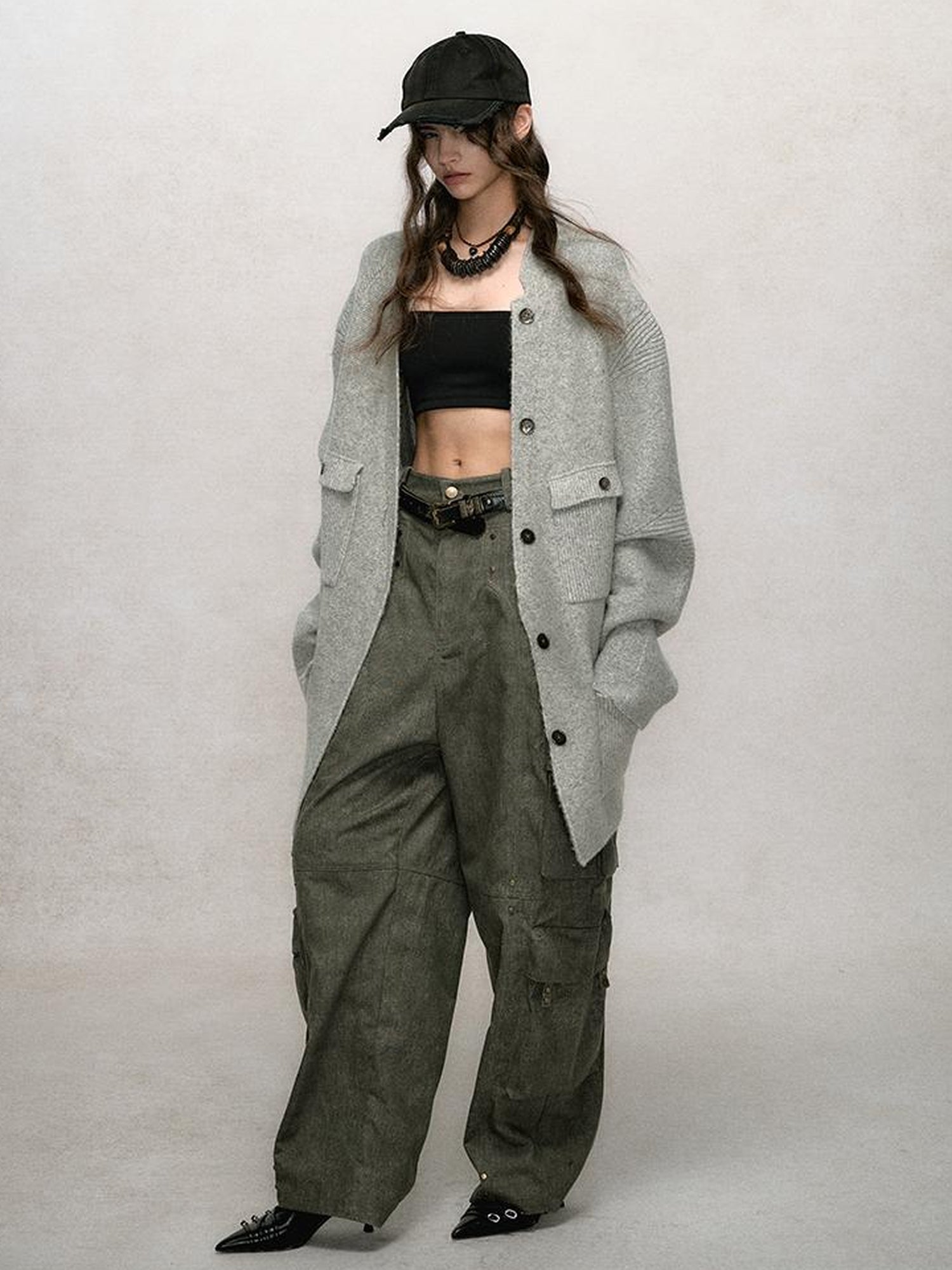 AnnoMundi Relaxed Stand Collar Knit Cardigan Drop Shoulder Loose Fit