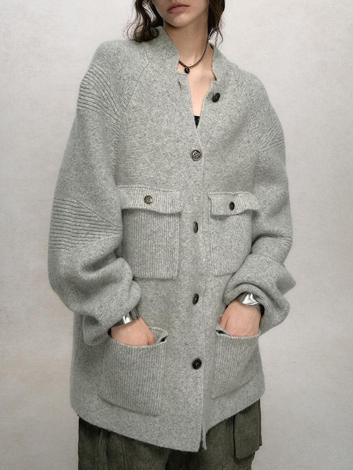 AnnoMundi Relaxed Stand Collar Knit Cardigan Drop Shoulder Loose Fit