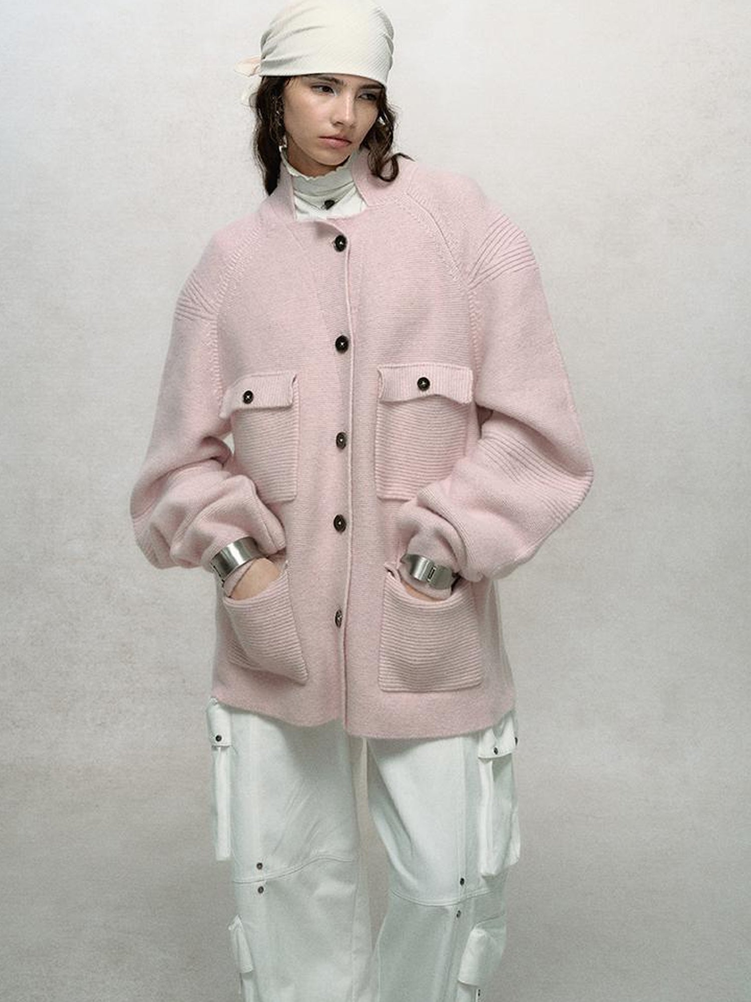 AnnoMundi Relaxed Stand Collar Knit Cardigan Drop Shoulder Loose Fit