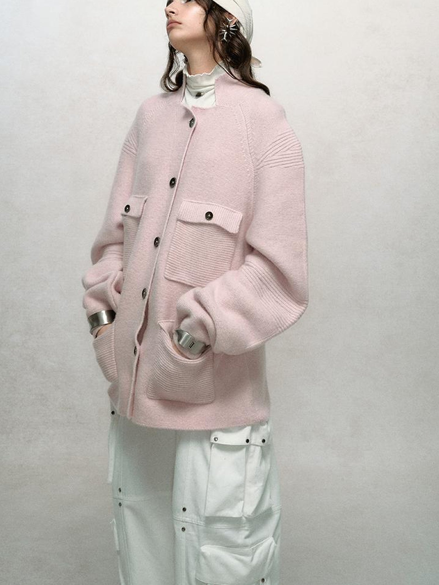 AnnoMundi Relaxed Stand Collar Knit Cardigan Drop Shoulder Loose Fit