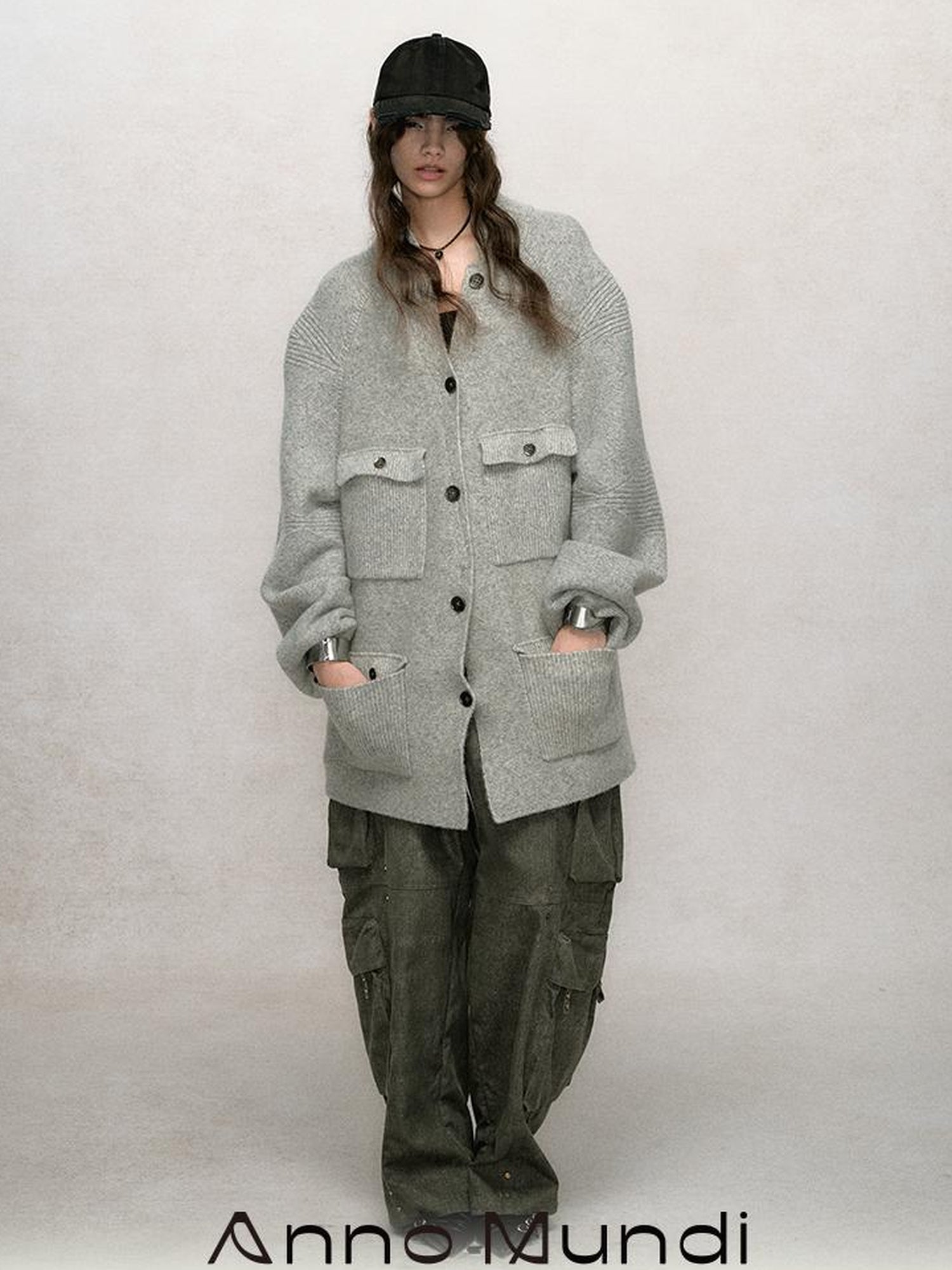 AnnoMundi Relaxed Stand Collar Knit Cardigan Drop Shoulder Loose Fit