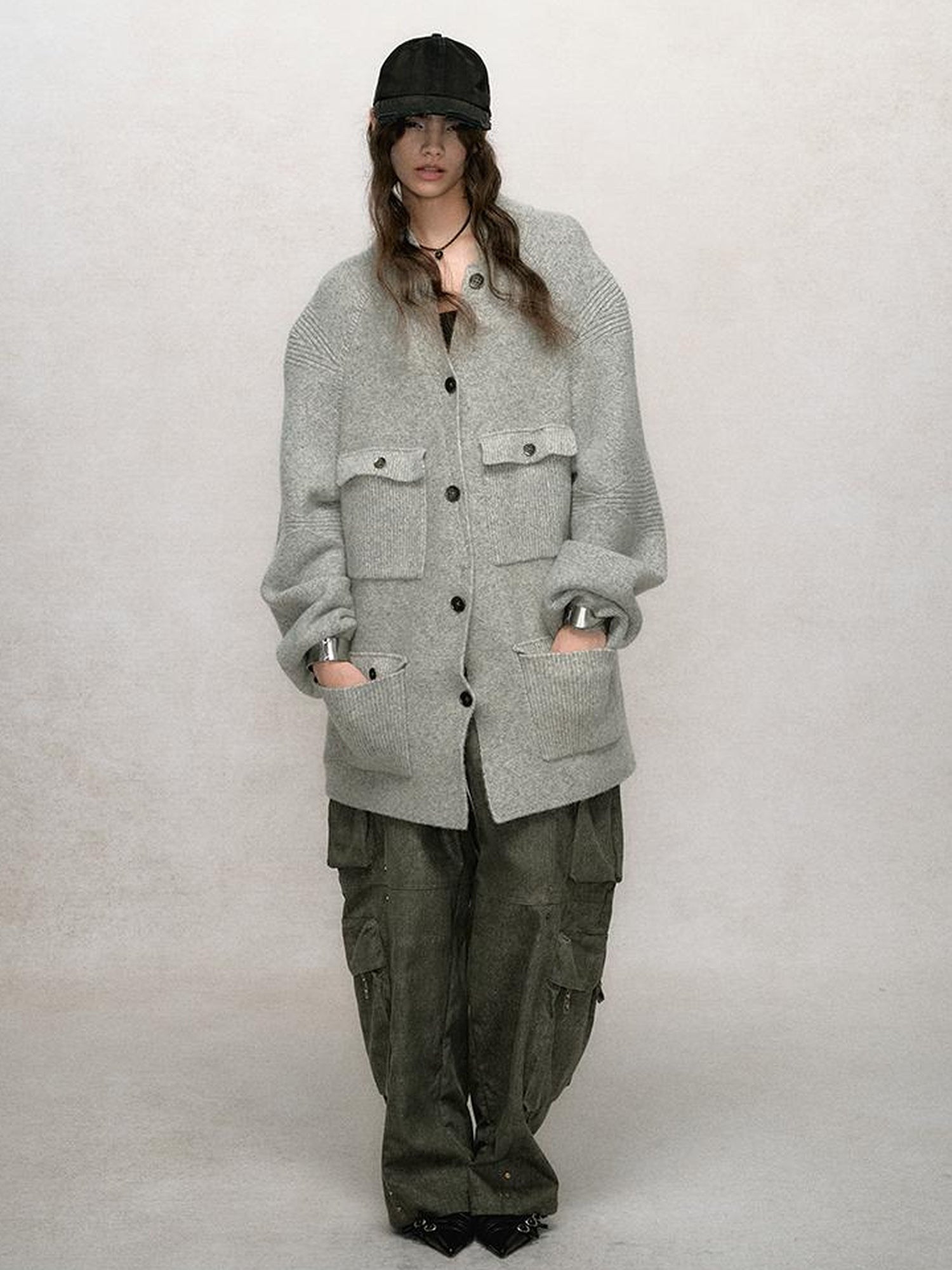 AnnoMundi Relaxed Stand Collar Knit Cardigan Drop Shoulder Loose Fit
