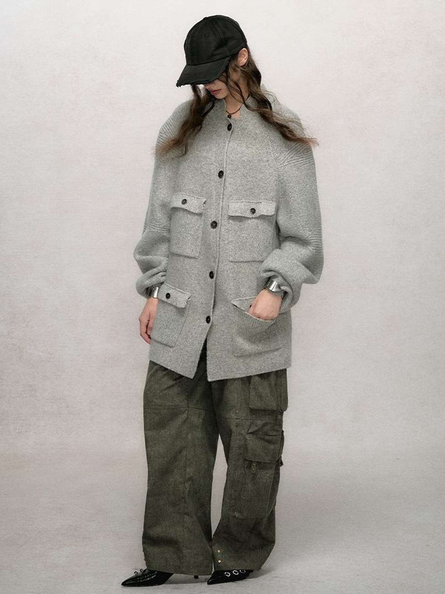 AnnoMundi Relaxed Stand Collar Knit Cardigan Drop Shoulder Loose Fit