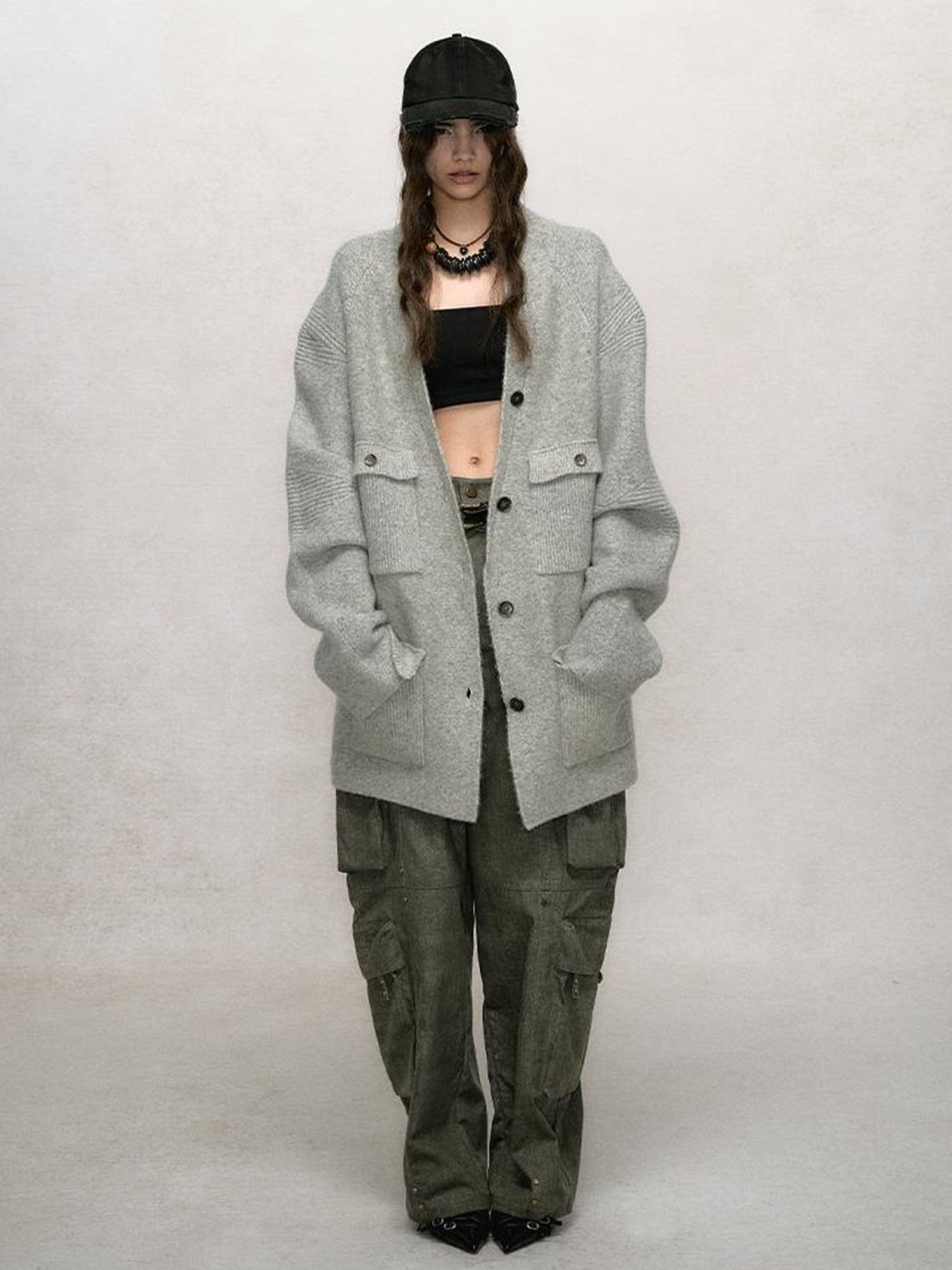 AnnoMundi Relaxed Stand Collar Knit Cardigan Drop Shoulder Loose Fit