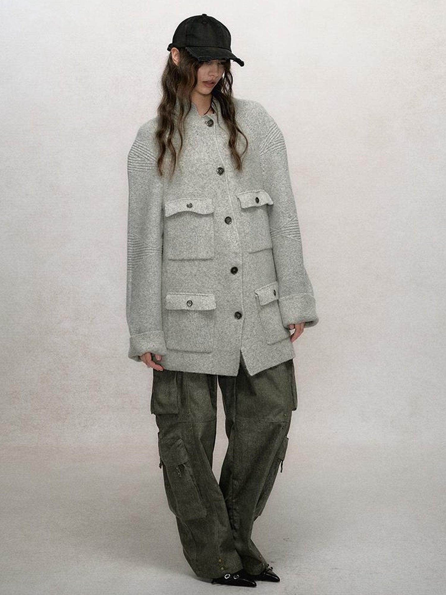 AnnoMundi Relaxed Stand Collar Knit Cardigan Drop Shoulder Loose Fit