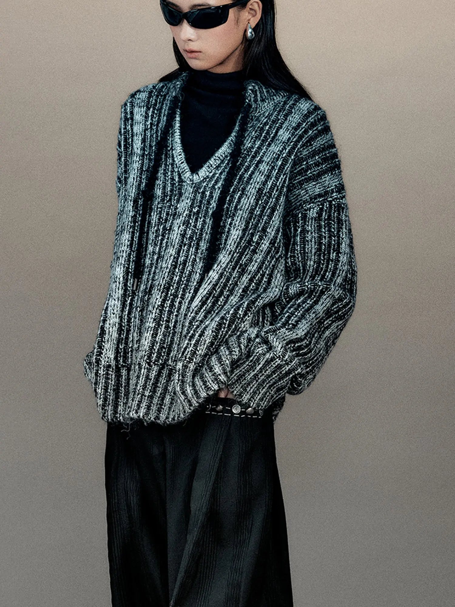 Retro Chinese Stripe Relaxed Fit V-Neck Sweater