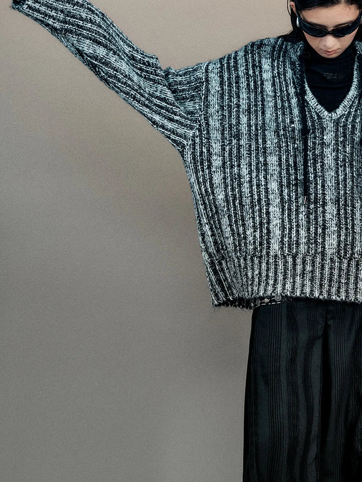 Retro Chinese Stripe Relaxed Fit V-Neck Sweater