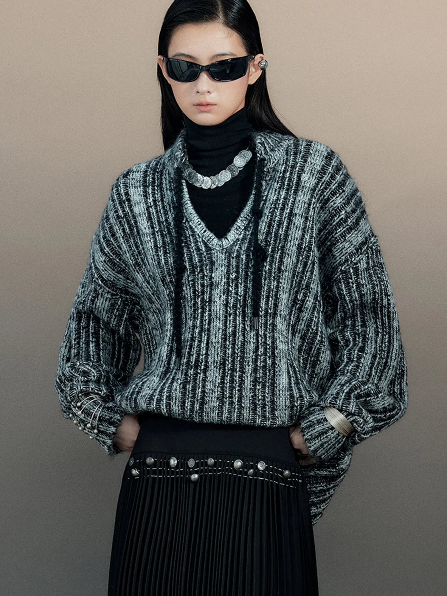 Retro Chinese Stripe Relaxed Fit V-Neck Sweater