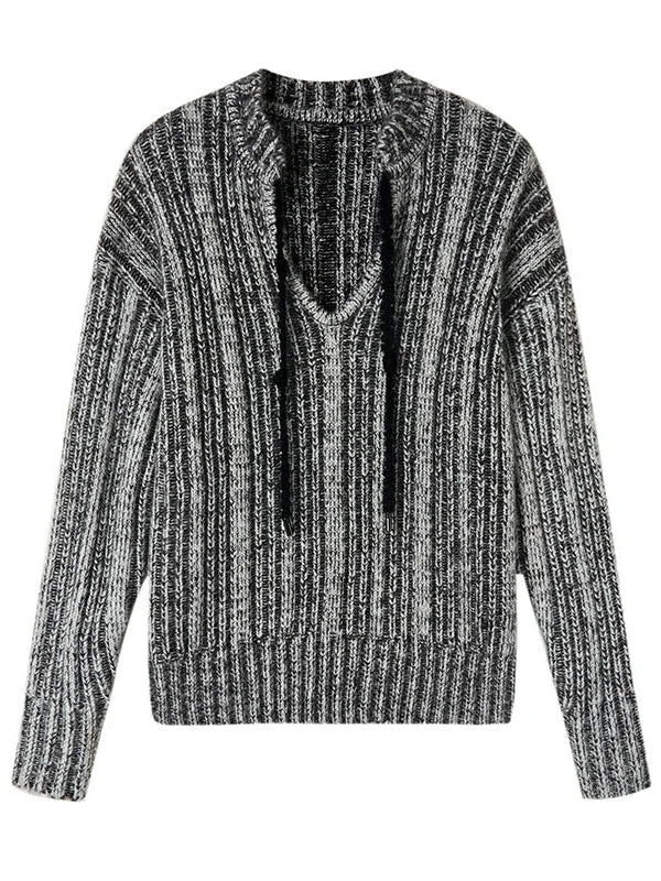 Retro Chinese Stripe Relaxed Fit V-Neck Sweater