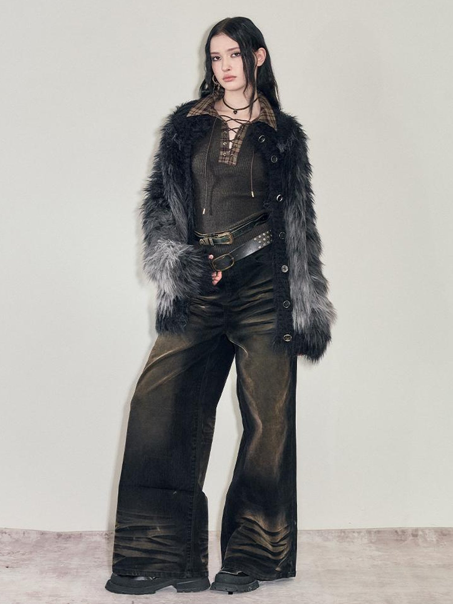 AnnoMundi Retro Heavy Wash Flare Velvet Denim Pants