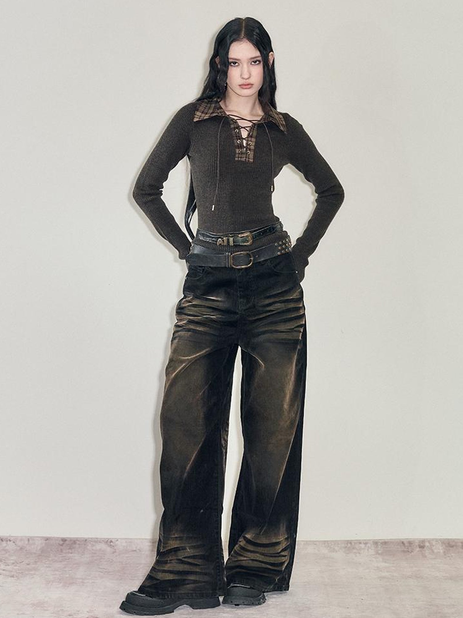 AnnoMundi Retro Heavy Wash Flare Velvet Denim Pants