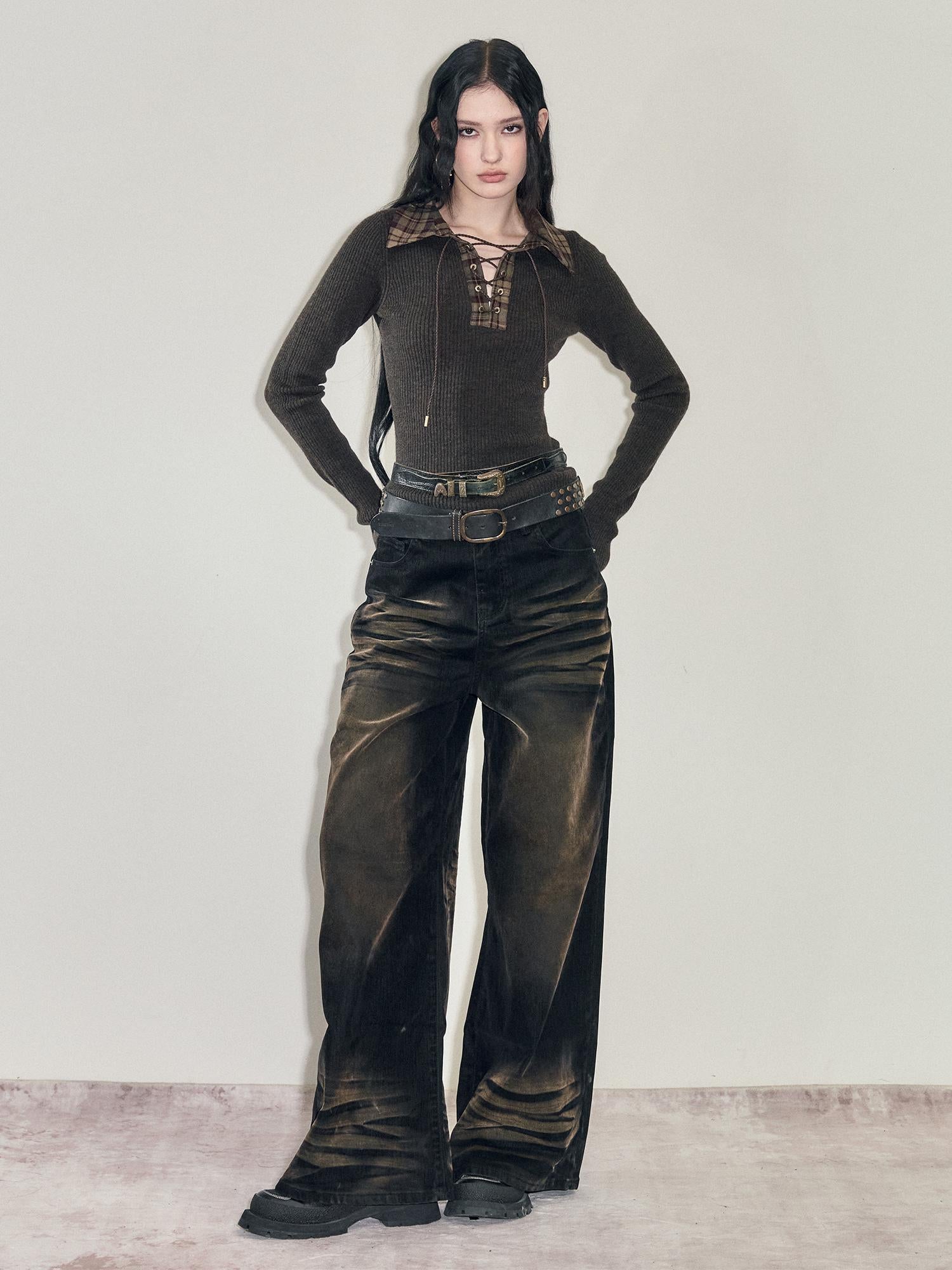 AnnoMundi Retro Heavy Wash Flare Velvet Denim Pants