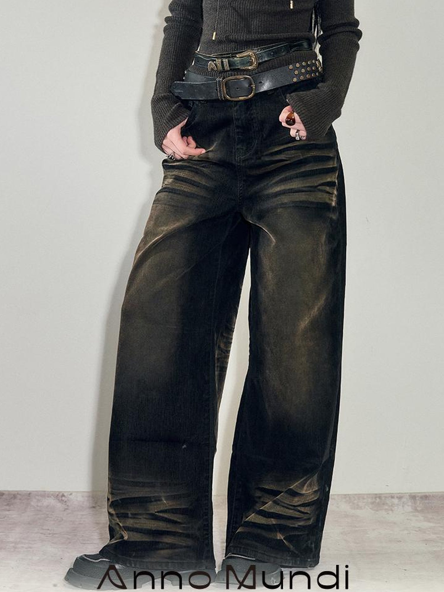 AnnoMundi Retro Heavy Wash Flare Velvet Denim Pants