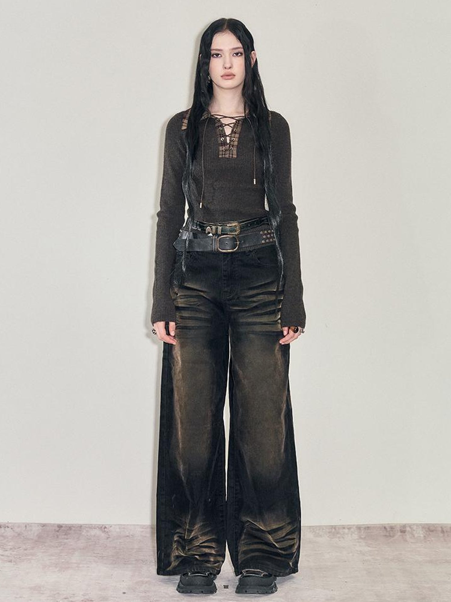 AnnoMundi Retro Heavy Wash Flare Velvet Denim Pants