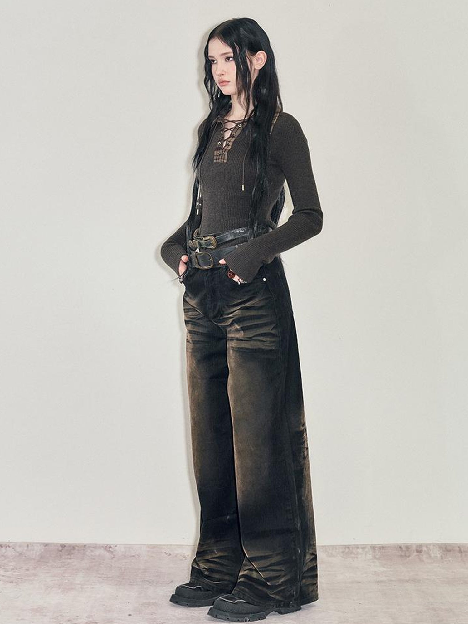 AnnoMundi Retro Heavy Wash Flare Velvet Denim Pants