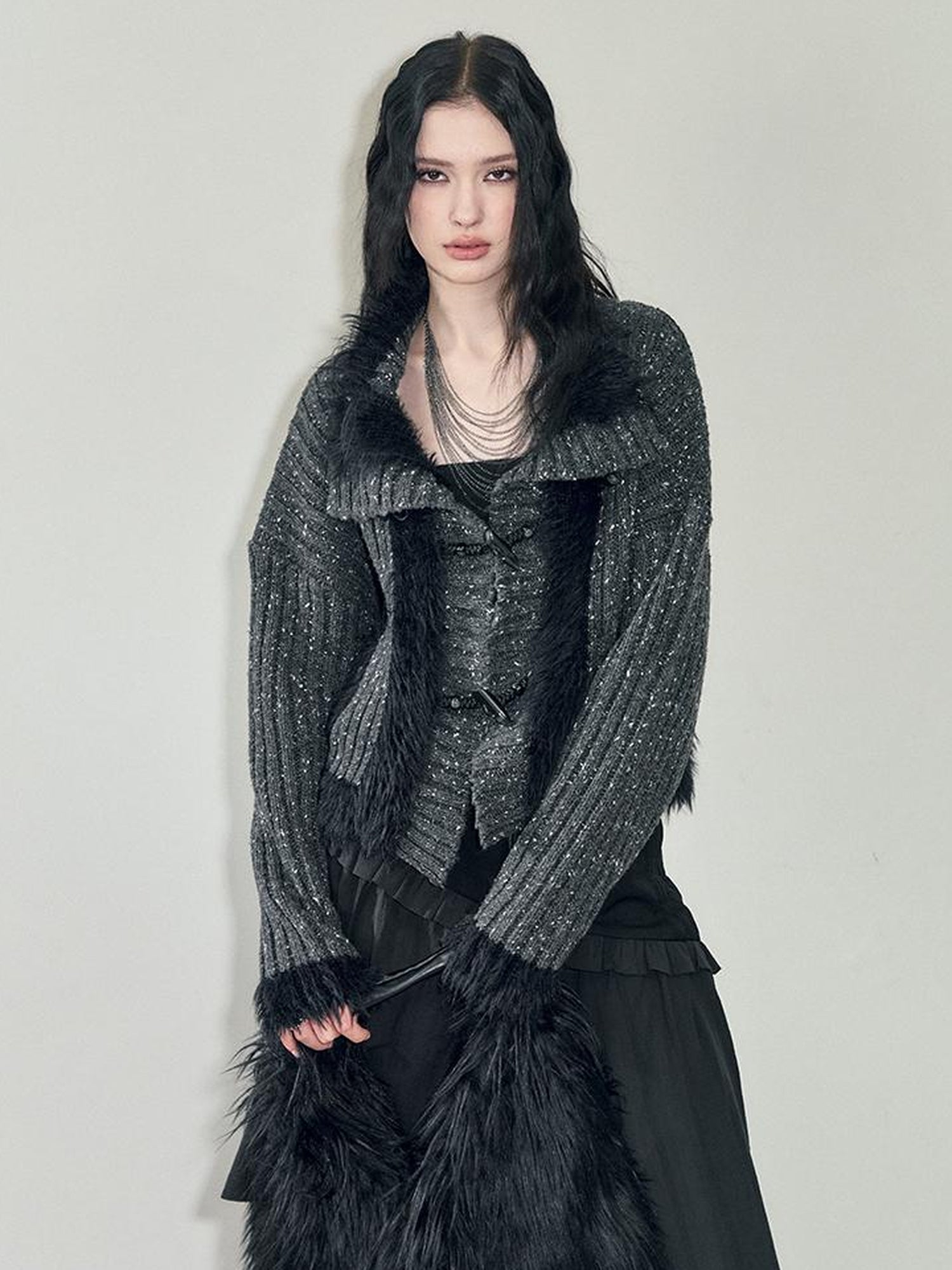 AnnoMundi Retro Knit Jacket With Faux Fur Trim And Frog Closures