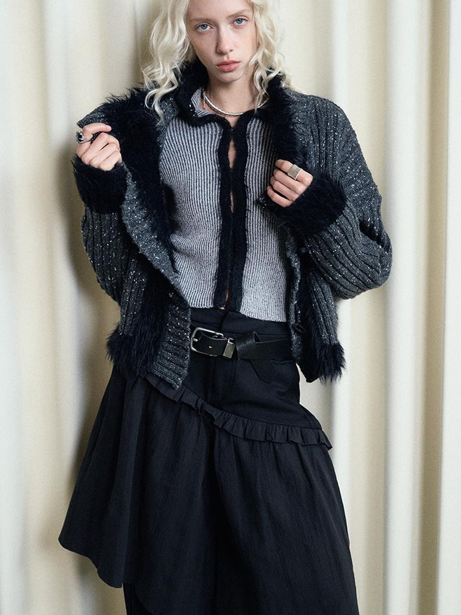 AnnoMundi Retro Knit Jacket With Faux Fur Trim And Frog Closures