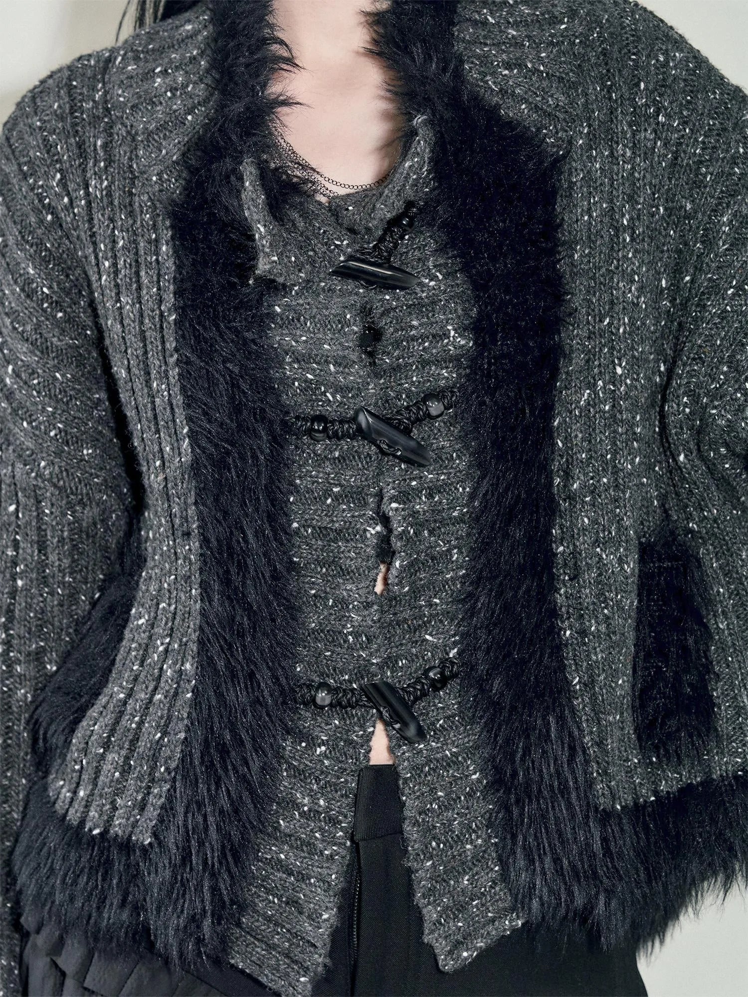 Retro Knit Jacket With Faux Fur Trim And Frog Closures