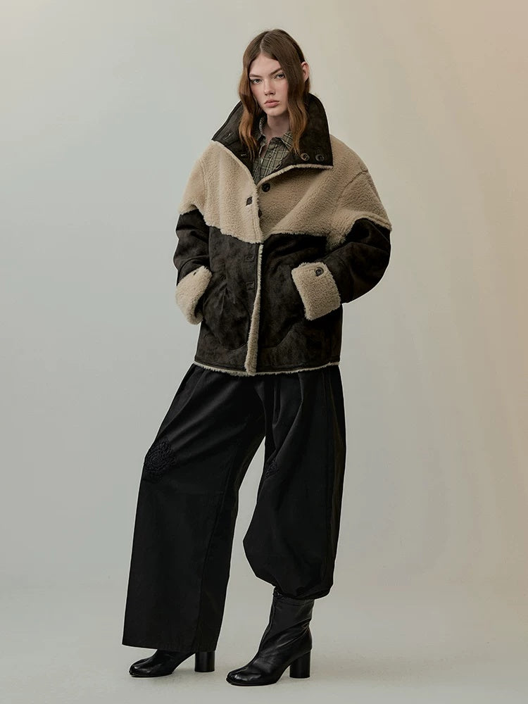 AnnoMundi Reversible Eco Friendly Oversized Stand Collar Faux Fur Trim Women Brown Jacket