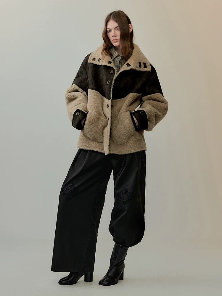 AnnoMundi Reversible Eco Friendly Oversized Stand Collar Faux Fur Trim Women Brown Jacket