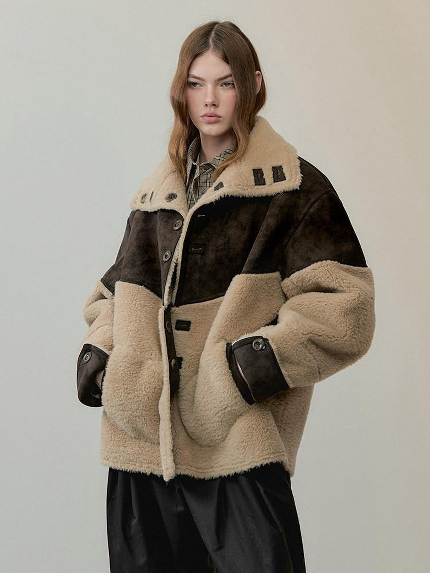 AnnoMundi Reversible Eco Friendly Oversized Stand Collar Faux Fur Trim Women Brown Jacket