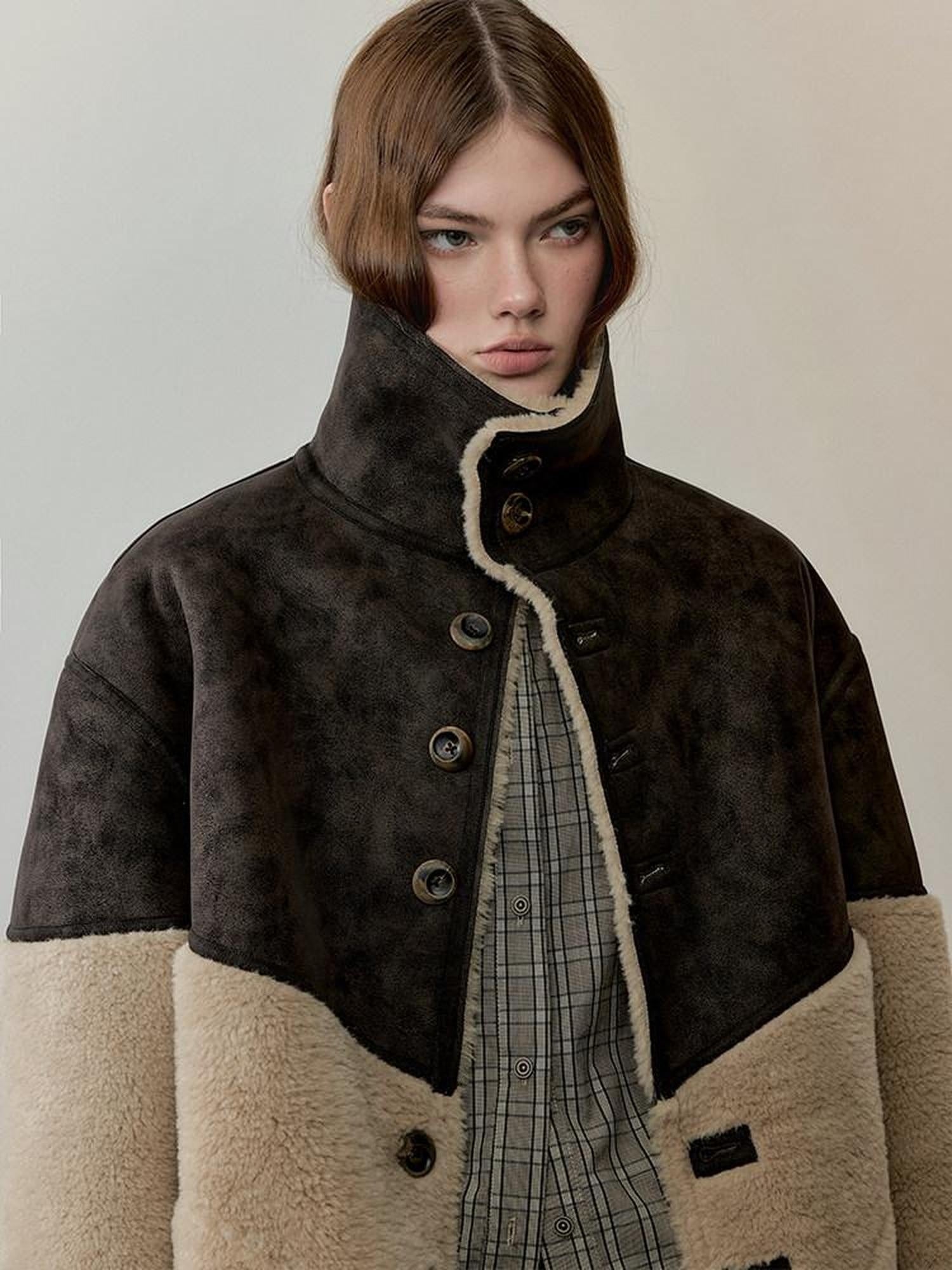 AnnoMundi Reversible Eco Friendly Oversized Stand Collar Faux Fur Trim Women Brown Jacket