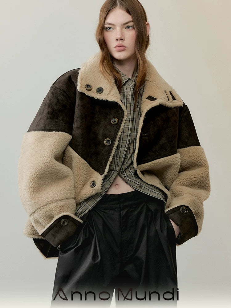 AnnoMundi Reversible Eco Friendly Oversized Stand Collar Faux Fur Trim Women Brown Jacket
