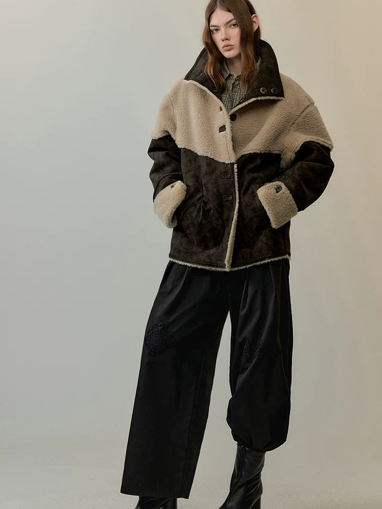 AnnoMundi Reversible Eco Friendly Oversized Stand Collar Faux Fur Trim Women Brown Jacket