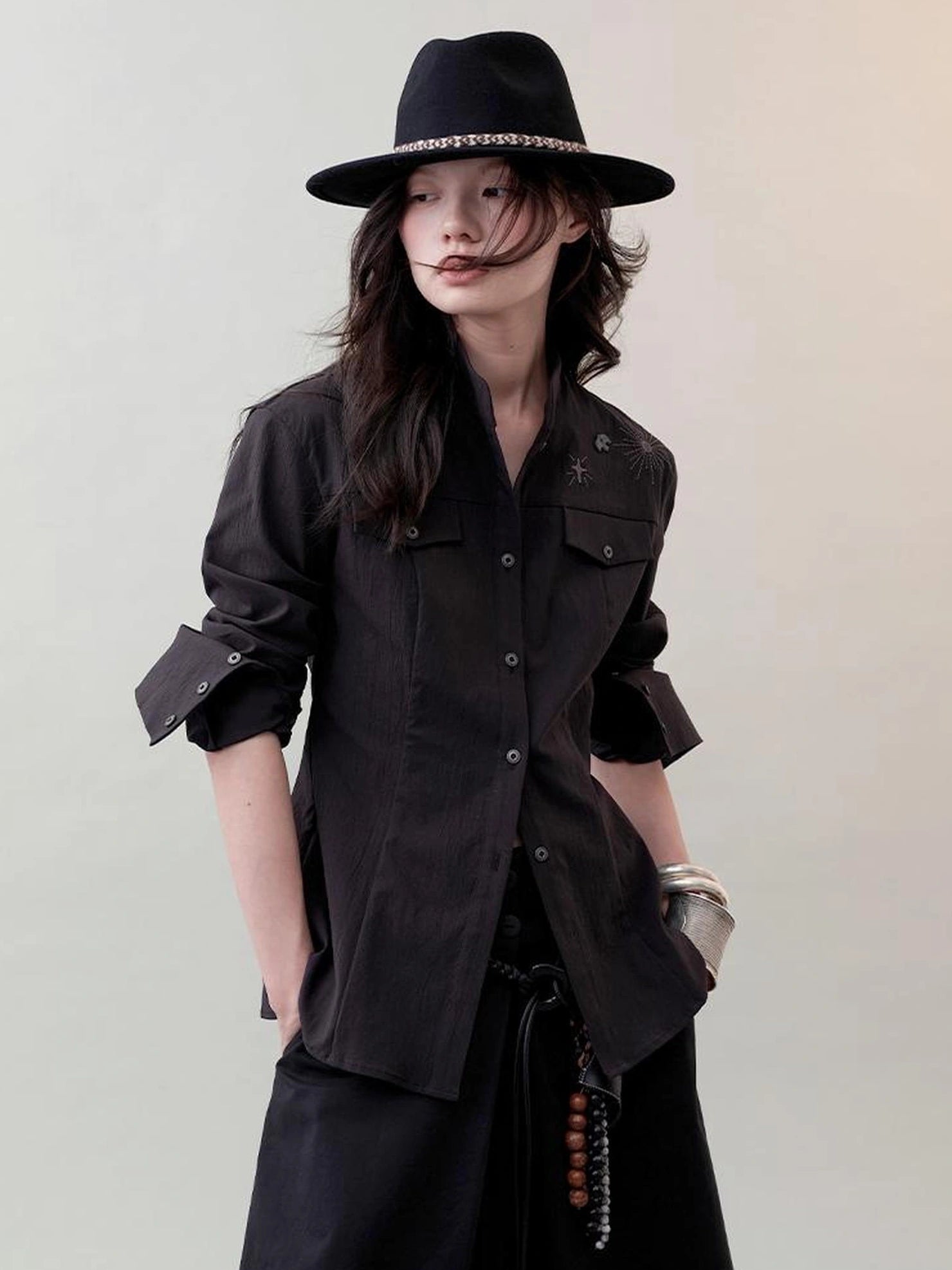 AnnoMundi Rooted Tides Embroidered Shirt V-neck T-shirt Long Sleeve Shirts