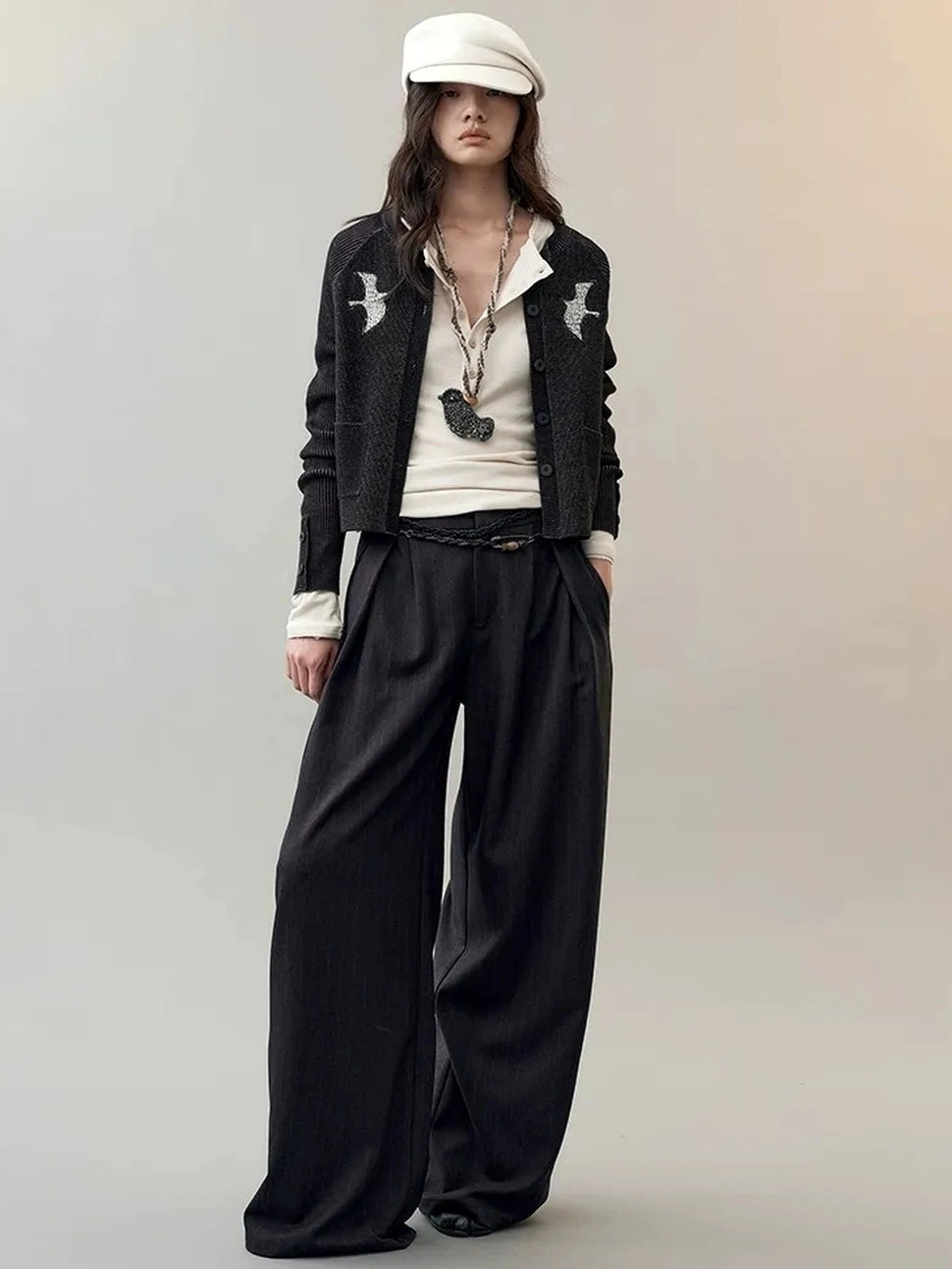 AnnoMundi Rooted Wings Embroidered V-neck T-shirt Long Sleeve T-shirt